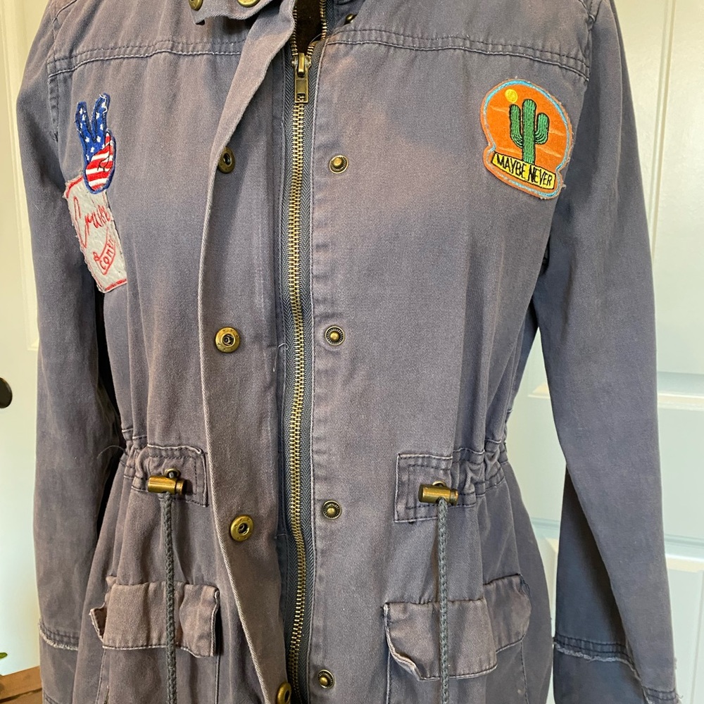 Miss London Faded Distressed Blue Drawstring Patched Jacket - Picture 2 of 15